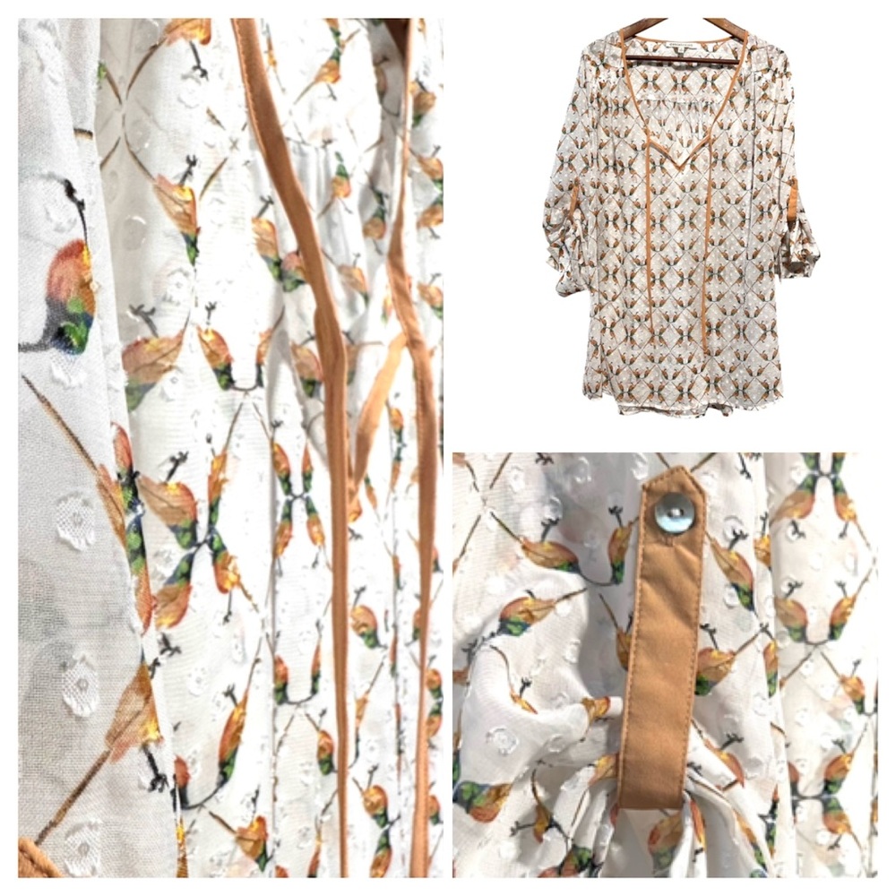 BOHO DANIEL RAINN Bird Sheer Peasant Tunic Prairie Cottagecore Whimsical Whimsy